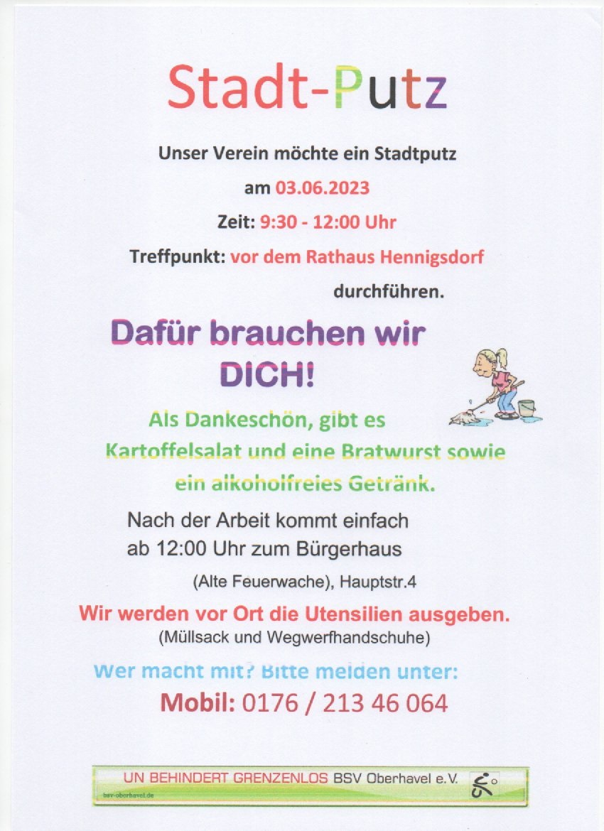 Plakat des Behindertensportvereins Oberhavel e.V. mit Aufruf zum Stadtputz am 03.06.2023 in Hennigsdorf